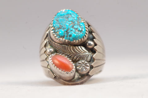 Native American Turquoise and Coral Silver Ring