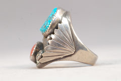 Native American Turquoise and Coral Silver Ring