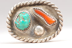 Large Native American Turquoise and Coral Silver Ring