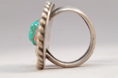Large Native American Turquoise and Coral Silver Ring