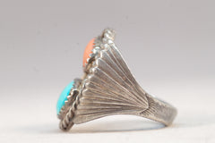 Native American Smooth Turquoise and Coral Silver Ring