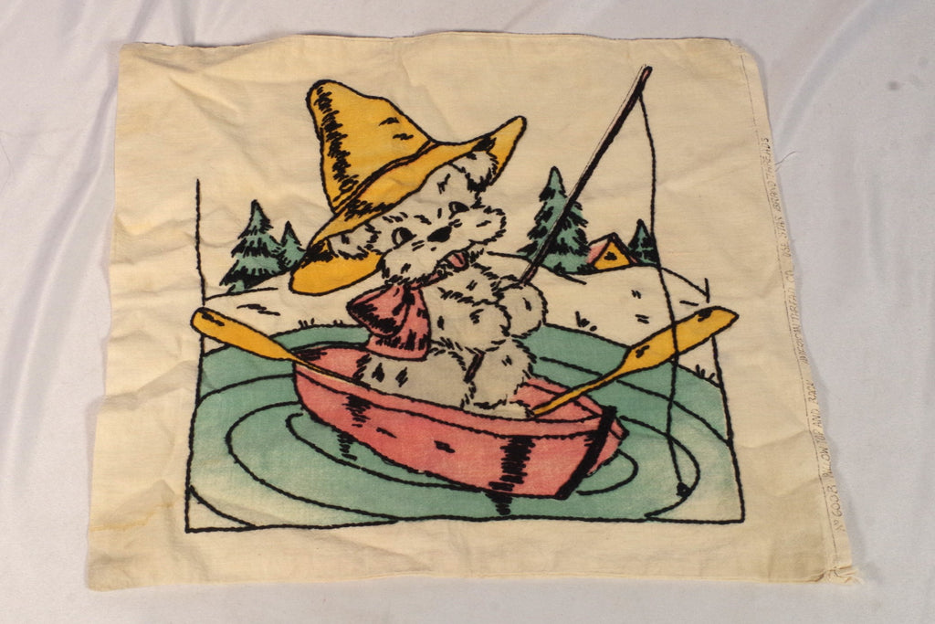 Vintage American Thread Co Fishing Dog Throw Pillow Cover