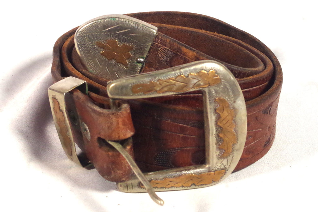 Bold Swirling Tooled Leather and Silver Belt - Size 36