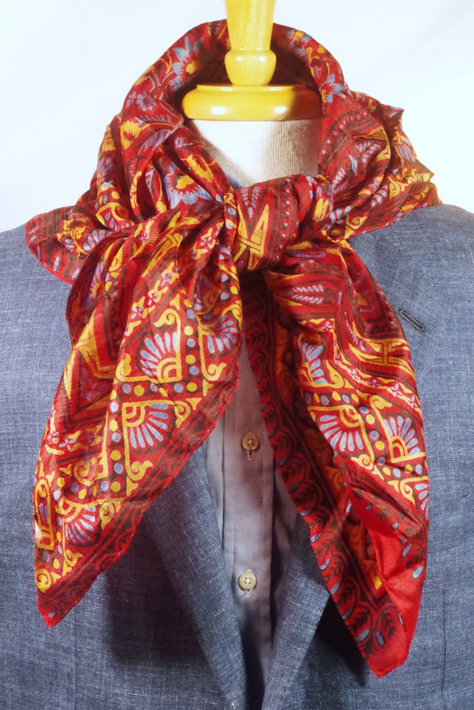 Intricately Patterned Red Floral Square Silk Scarf