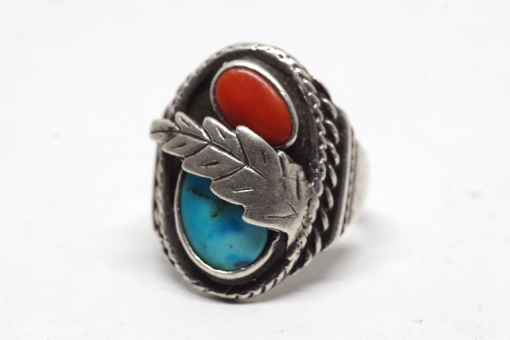 Sweet Feathered Native American Turquoise and Coral Sterling Silver Ring