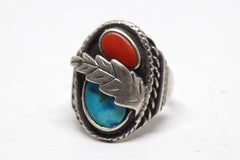 Sweet Feathered Native American Turquoise and Coral Sterling Silver Ring