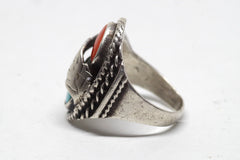 Sweet Feathered Native American Turquoise and Coral Sterling Silver Ring