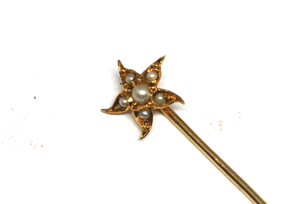 Brilliant 14kt Gold and Pearl Star Stick Pin