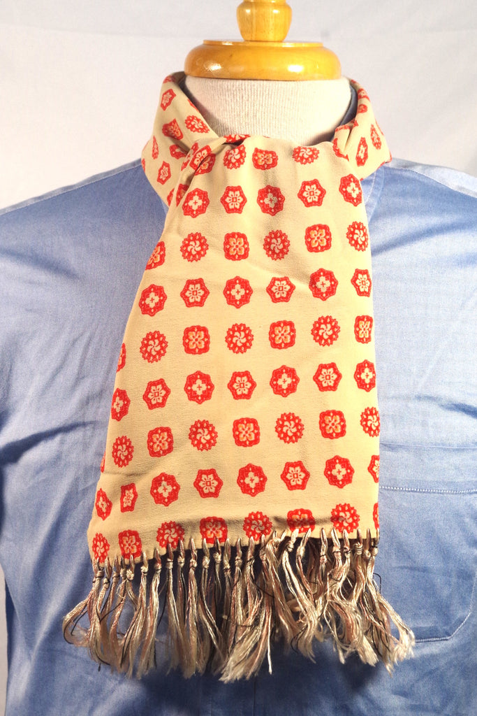 Magnificent 1940s Red and Cream Floral Rayon Mandala Scarf