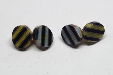 Bicolored Sterling Silver and Stone Striped Round Cufflinks