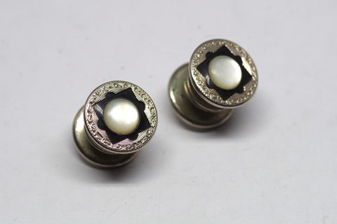 1920s Black and Mother of Pearl Square-Patterned Snap Cufflinks