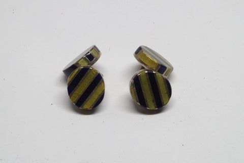 Magnificent Blue and Yellow Sterling Silver and Stone Striped Round Cufflinks