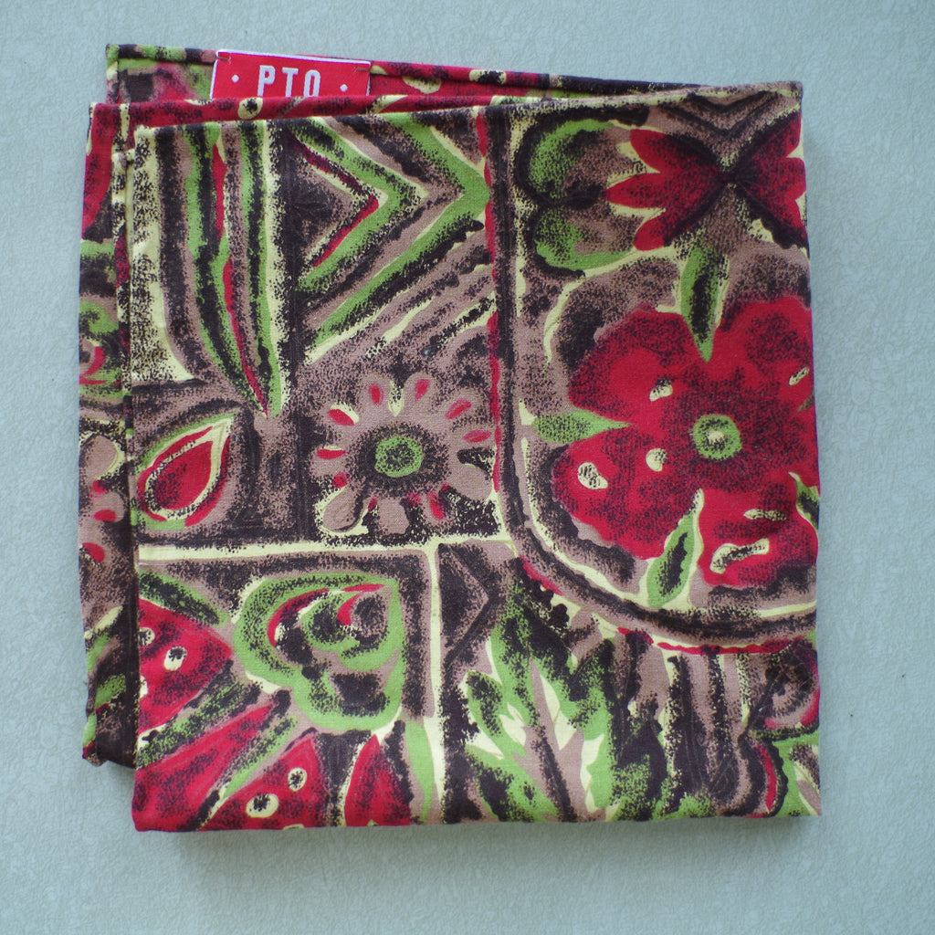 Brown, Green and Red Tiki Motif 1950s Cotton Pocket Square by Put This On