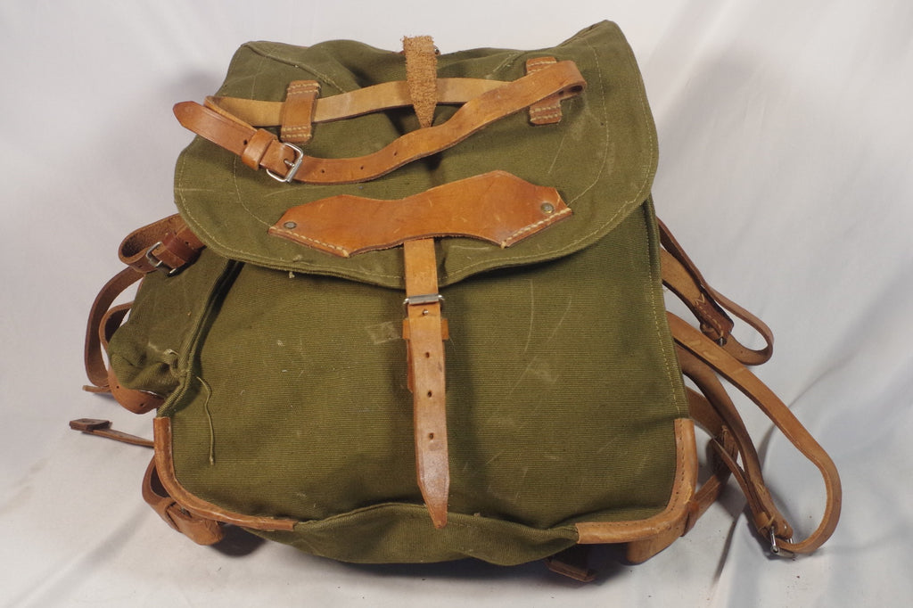 canvas and leather military backpack HuaChen Vintage Heavy Duty with Trims,Military Rucksack for Travel, Hiking,School, College Bookbag Daypack work and travelling Sturdy Two-Toned Vintage Canvas and