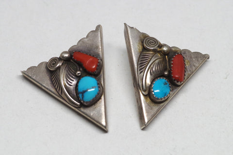 Vintage Turquoise and Coral Sterling Silver Collar Tips