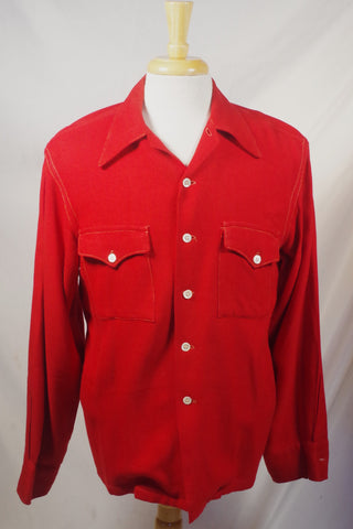 Gorgeous 1940s Cavalier Casuals Long-Sleeved Red Wool Sport Shirt - Sz M