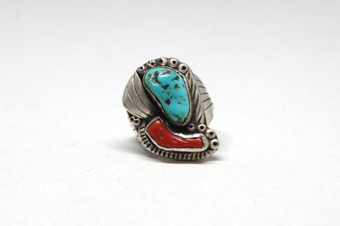 Intricate Native American Turquoise and Coral Silver Ring