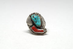 Intricate Native American Turquoise and Coral Silver Ring