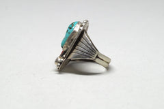 Intricate Native American Turquoise and Coral Silver Ring