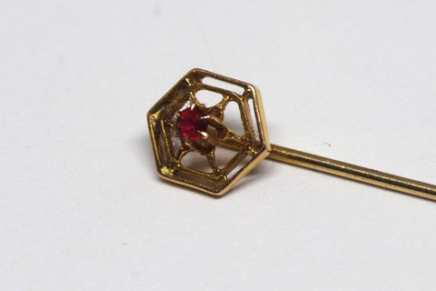 Vintage Hexagonal 14kt Gold and Ruby Stick Pin