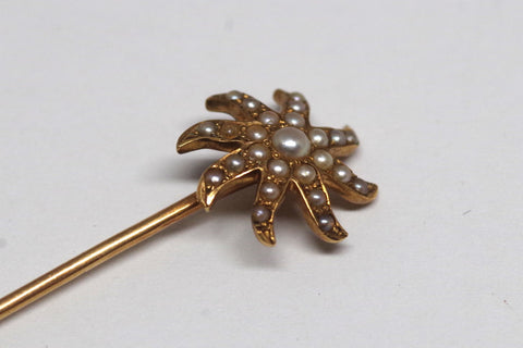 Stunning Vintage 14kt Gold and Pearl Sunburst Stick Pin