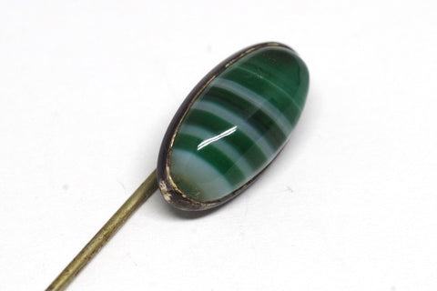 Beautiful Vintage Green Oval Silver And Stone Stick Pin