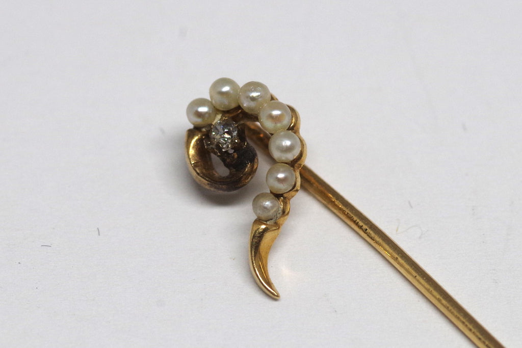 Incredible 18kt Gold, Diamond, & Pearl Spiral Stick Pin