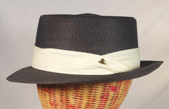 Hopkins Fifth Avenue White-Ribboned Gray Straw Porkpie Hat - Sz 7 3/8