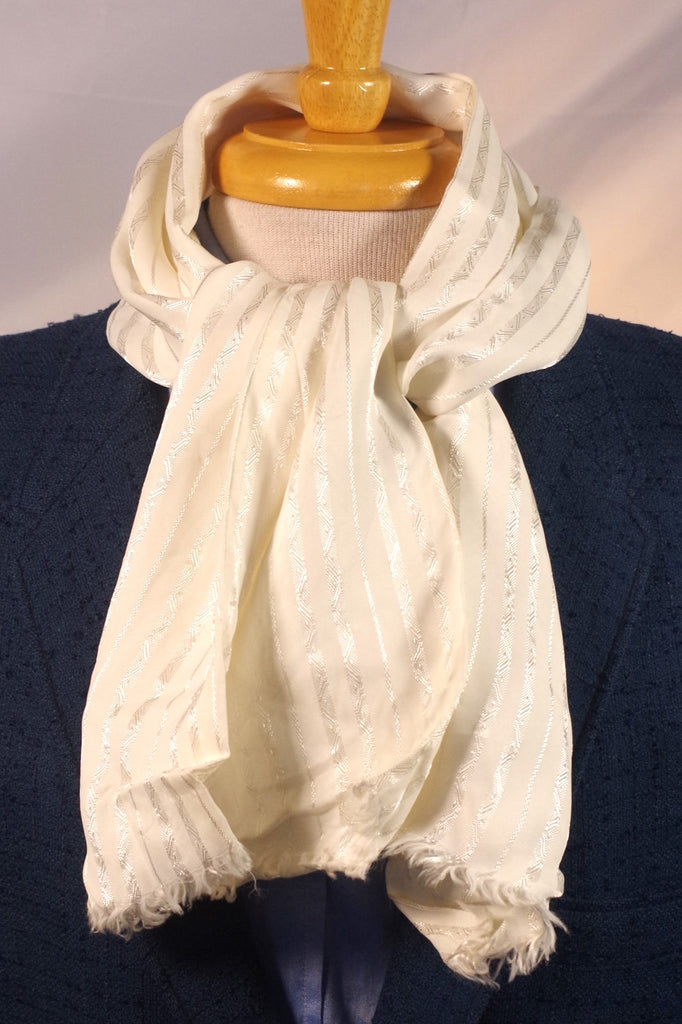 Snowy White Striped Silk Scarf