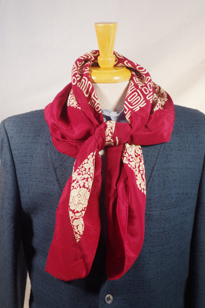 Maroon Classical Chinese Lettered Silk Square Scarf