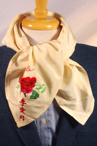 Soft Embroidered Japanese Rose Silk Square Scarf