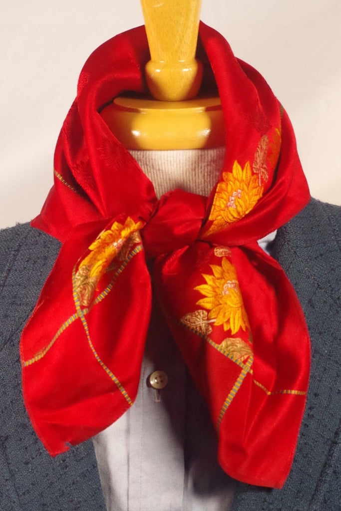 Intricately Embroidered Vintage Red and Yellow Floral Silk Square Scarf