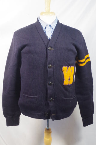 Vintage Navy Blue Knit "W" Letterman Sweater - Sz ~44