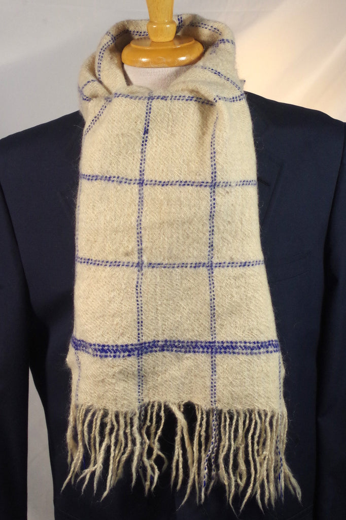 Cozy White and Blue Plaid Mohair Blend Scarf