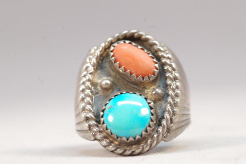 Native American Smooth Turquoise and Coral Silver Ring
