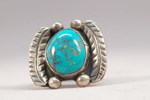 Feathered Native American Turquoise Silver Ring