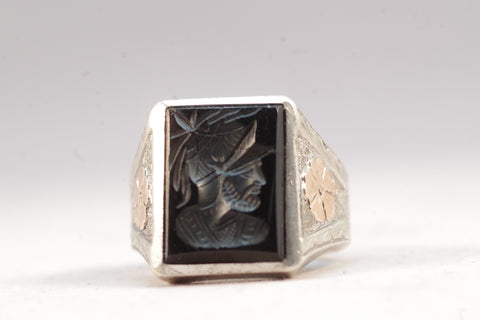 Silver and Gold Onyx Conquistador Portrait Ring