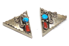 Vintage Turquoise and Coral Cornered Sterling Silver Collar Tips