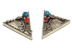 Vintage Turquoise and Coral Cornered Sterling Silver Collar Tips