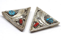 Vintage Turquoise and Coral Cornered Sterling Silver Collar Tips