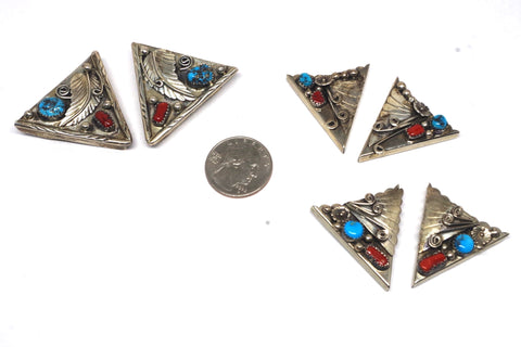 Vintage Turquoise and Coral Cornered Sterling Silver Collar Tips