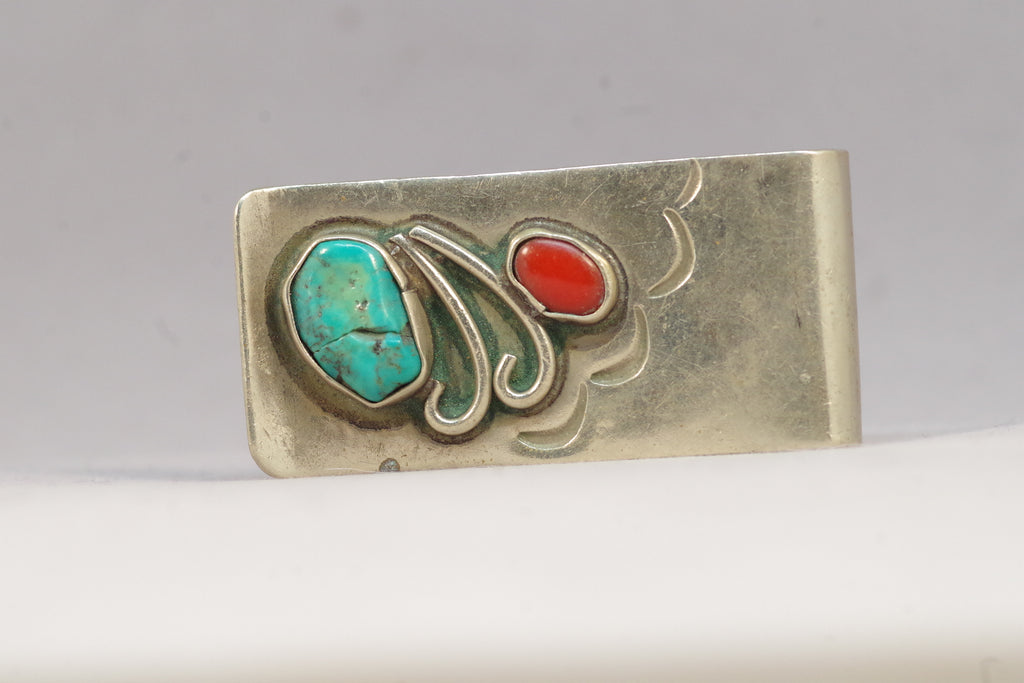 Turquoise and Red Coral Wide Silver Money Clip