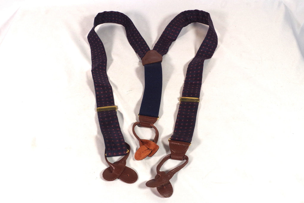 Smooth Navy Blue Floral Silk and Leather Suspenders