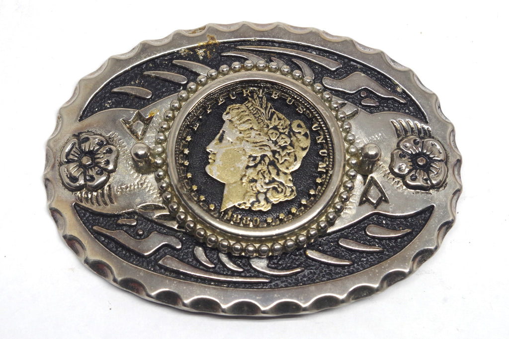 Vintage Sterling Silver 1880 Dollar Coin Floral Belt Buckle