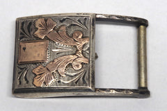 Beautiful Gold-On-Silver Floral Mexican Sterling Silver Belt Buckle