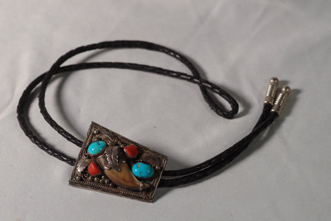 Intricate Turquoise and Coral Silver Bolo Tie