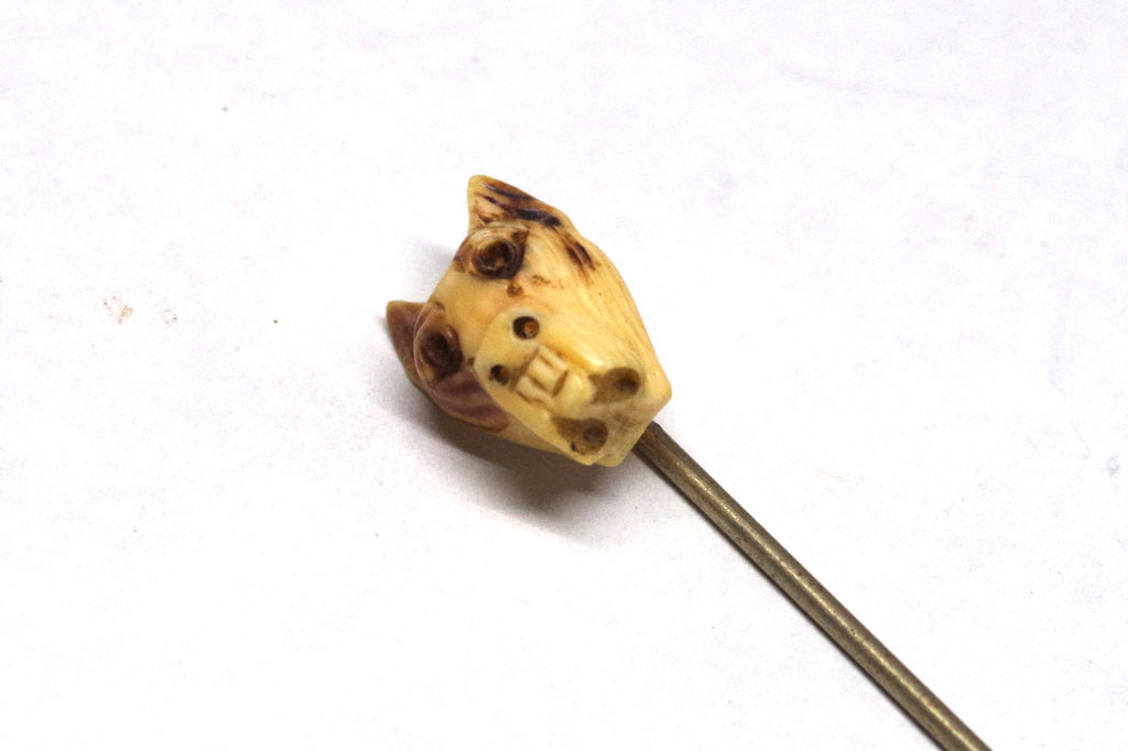 Antique Hand-Carved Bulldog Bone Stick Pin