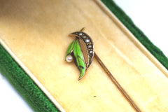 Art Nouveau 14kt Gold, Pearl, & Enamel Leaf Pin