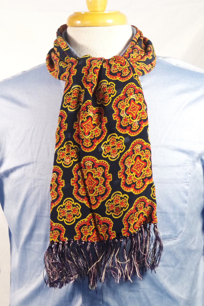 Elegant 1940s Dark Blue Rayon Mandala Scarf