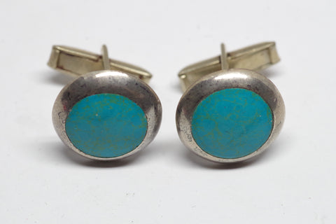 Mexican Silver and Turquoise Round Cufflinks